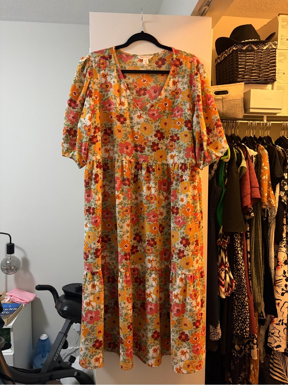 Joe Fresh Orange Floral V-Neck Tiered Midi Dress